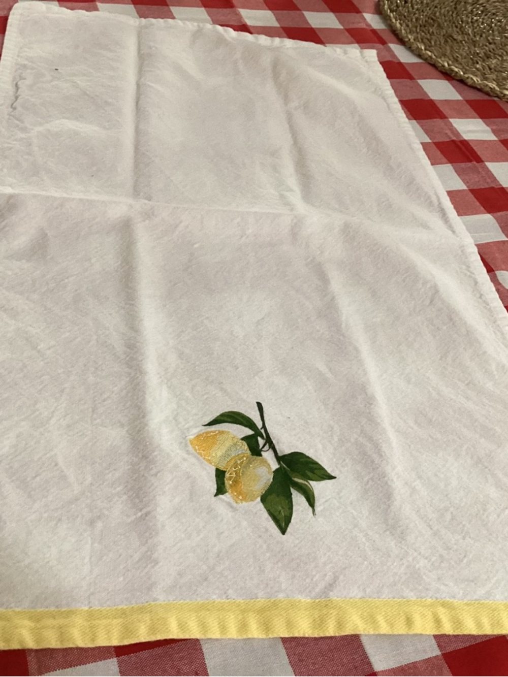 White Lemon Embroidered Kitchen Towel with Yellow Trim